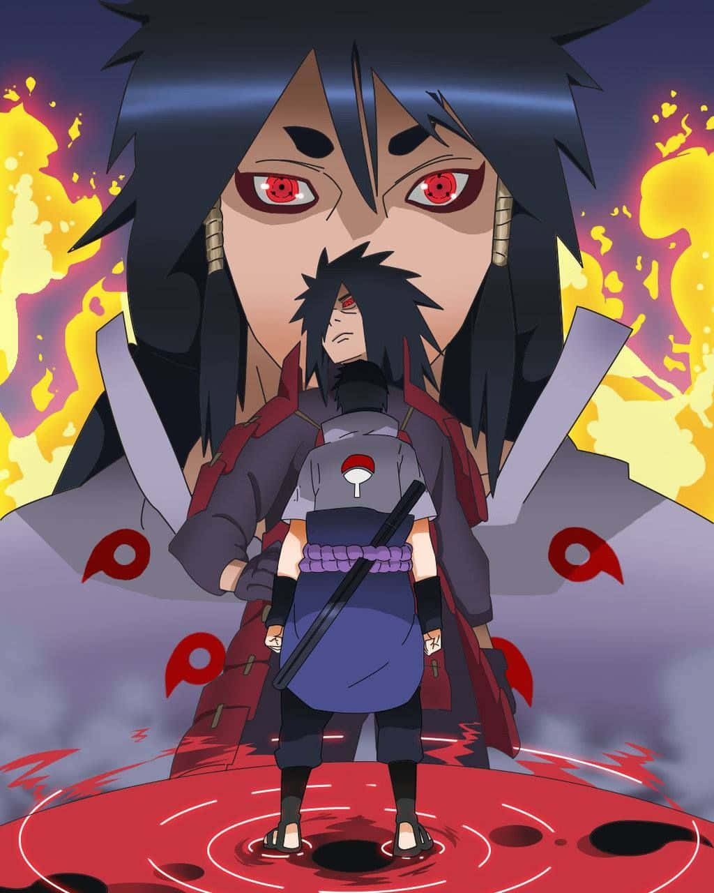 Indra Ōtsutsuki, red spiral platform, towering shadowy figure, HD Phone Wallpaper
