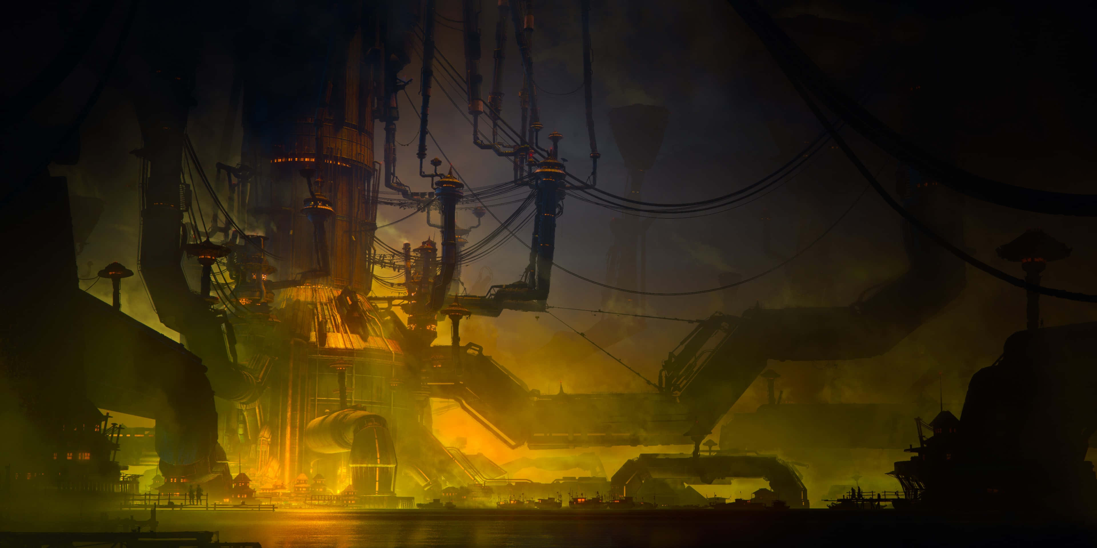dystopian industrial landscape, industrial complex, warm yellow lights, 4K Desktop Wallpaper