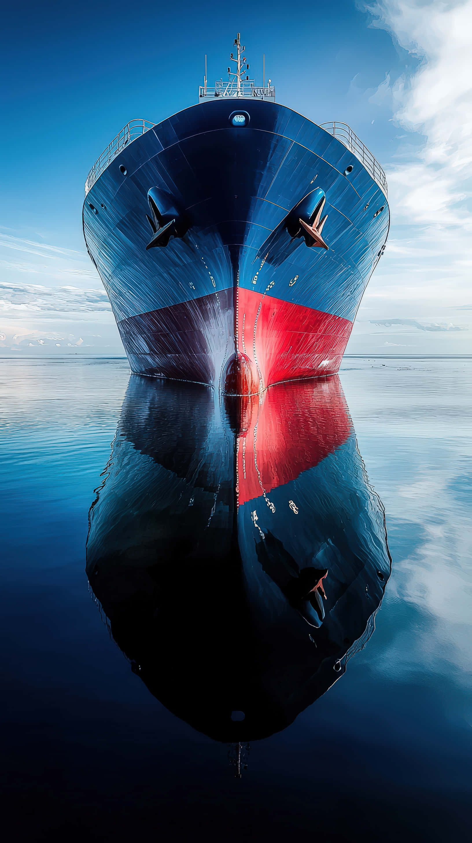 massive cargo ship, red and blue hull, calm ocean waters, 2K Phone Wallpaper