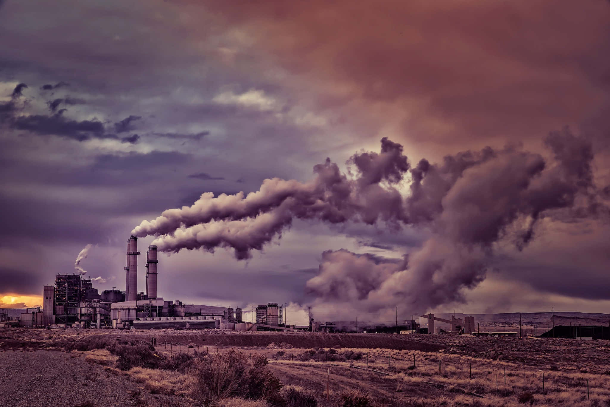 industrial complex, thick smoke, purple and orange twilight sky, Full HD Desktop Wallpaper