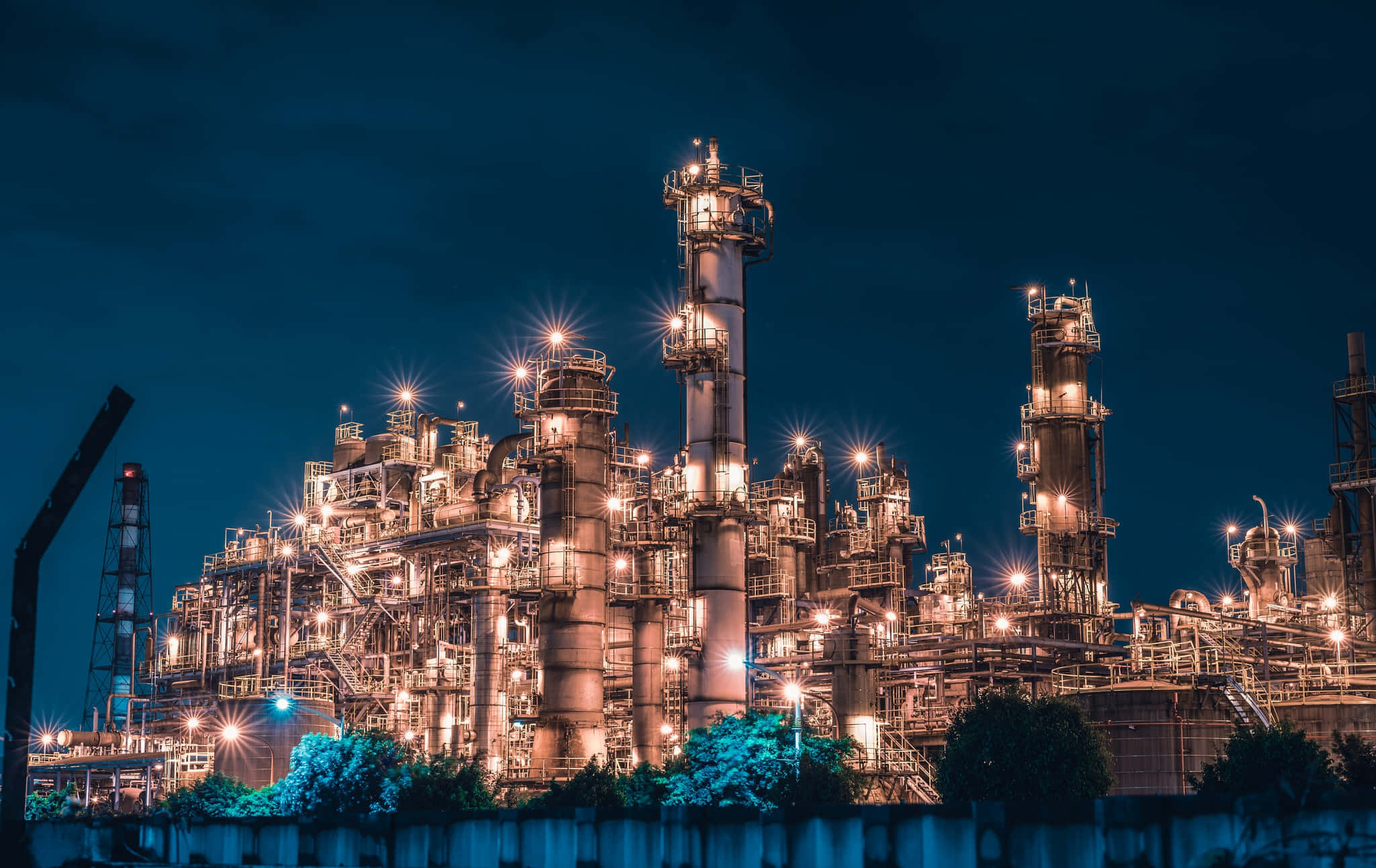 industrial refinery, warm lights, deep blue night sky, Full HD Desktop Wallpaper