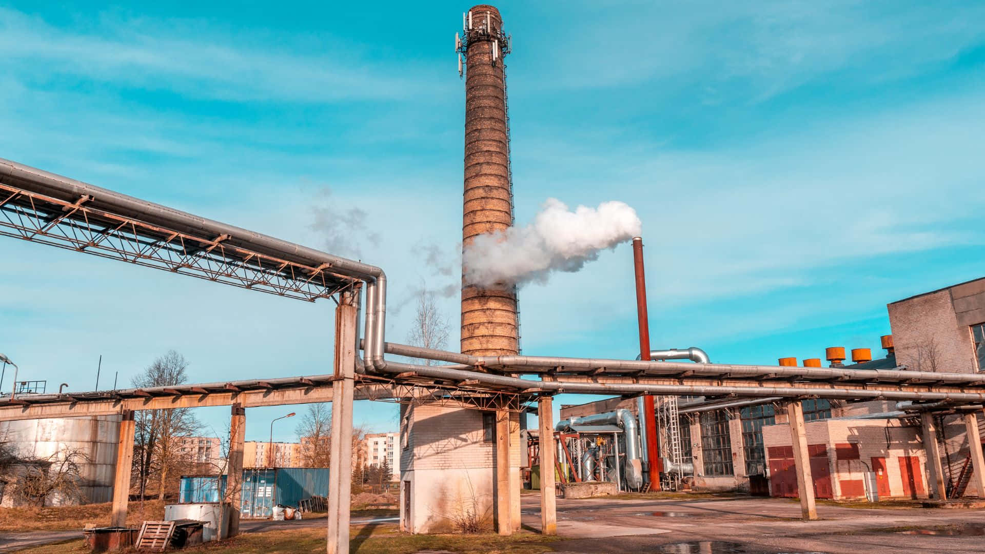 industrial smokestack, white smoke, clear blue sky, Full HD Desktop Wallpaper
