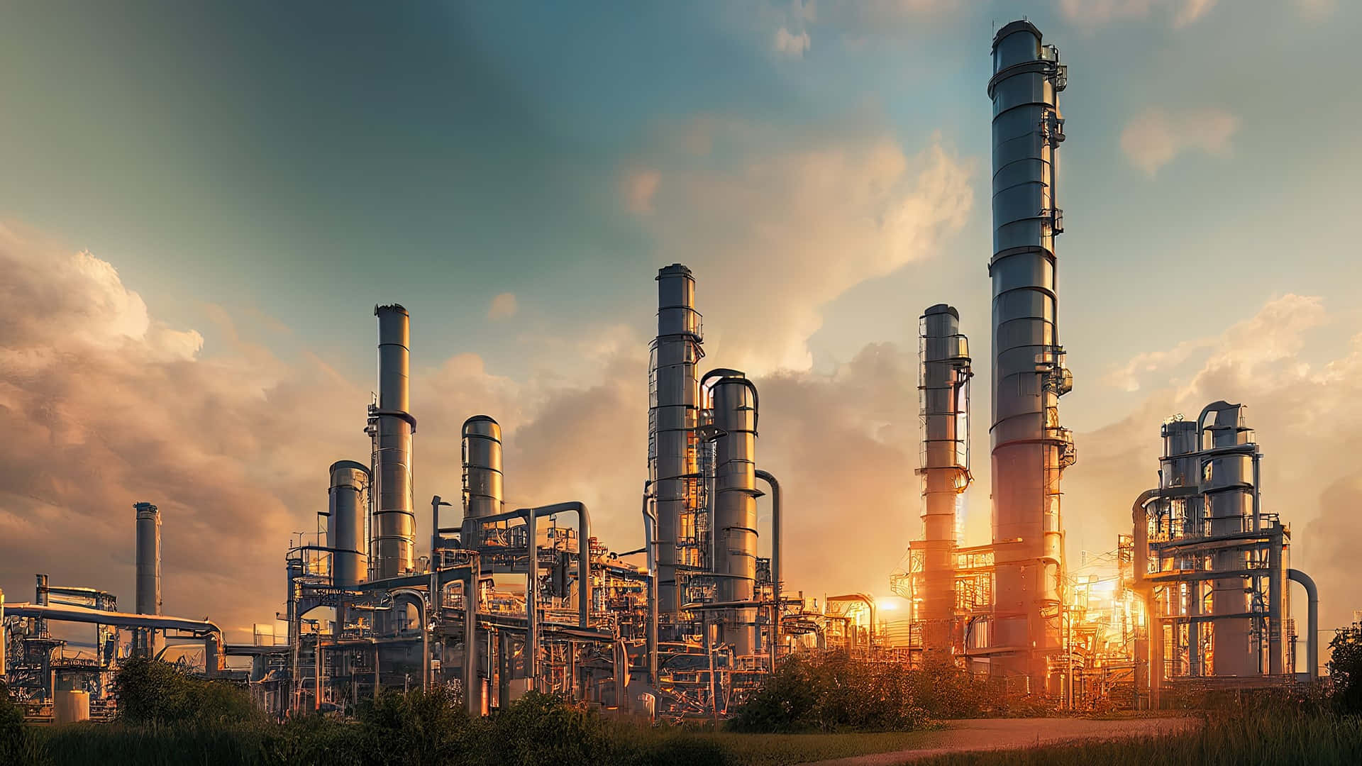 industrial refinery, golden sunset light, towering metallic towers, Full HD Desktop Wallpaper
