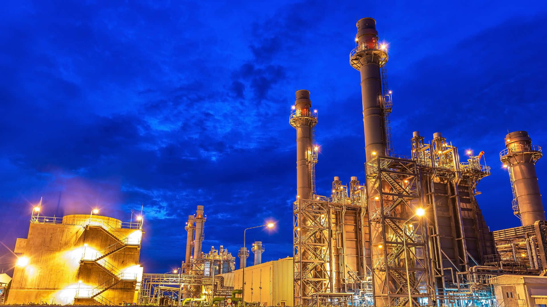 industrial complex, warm lights, deep blue twilight sky, Full HD Desktop Wallpaper