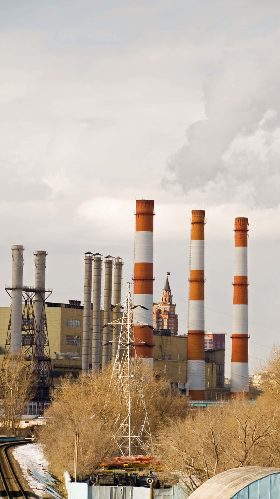 industrial factory, tall orange and white smokestacks, emitting smoke, Full HD Phone Wallpaper