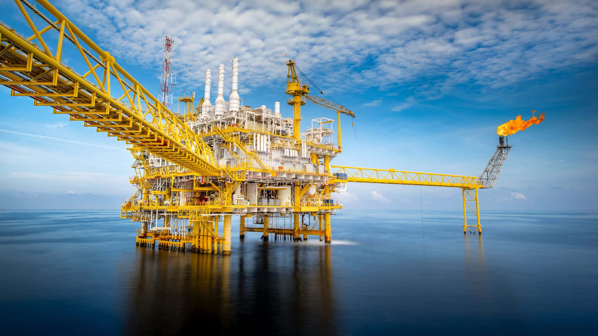 offshore oil rig, flaring gas, yellow, Full HD Desktop Wallpaper