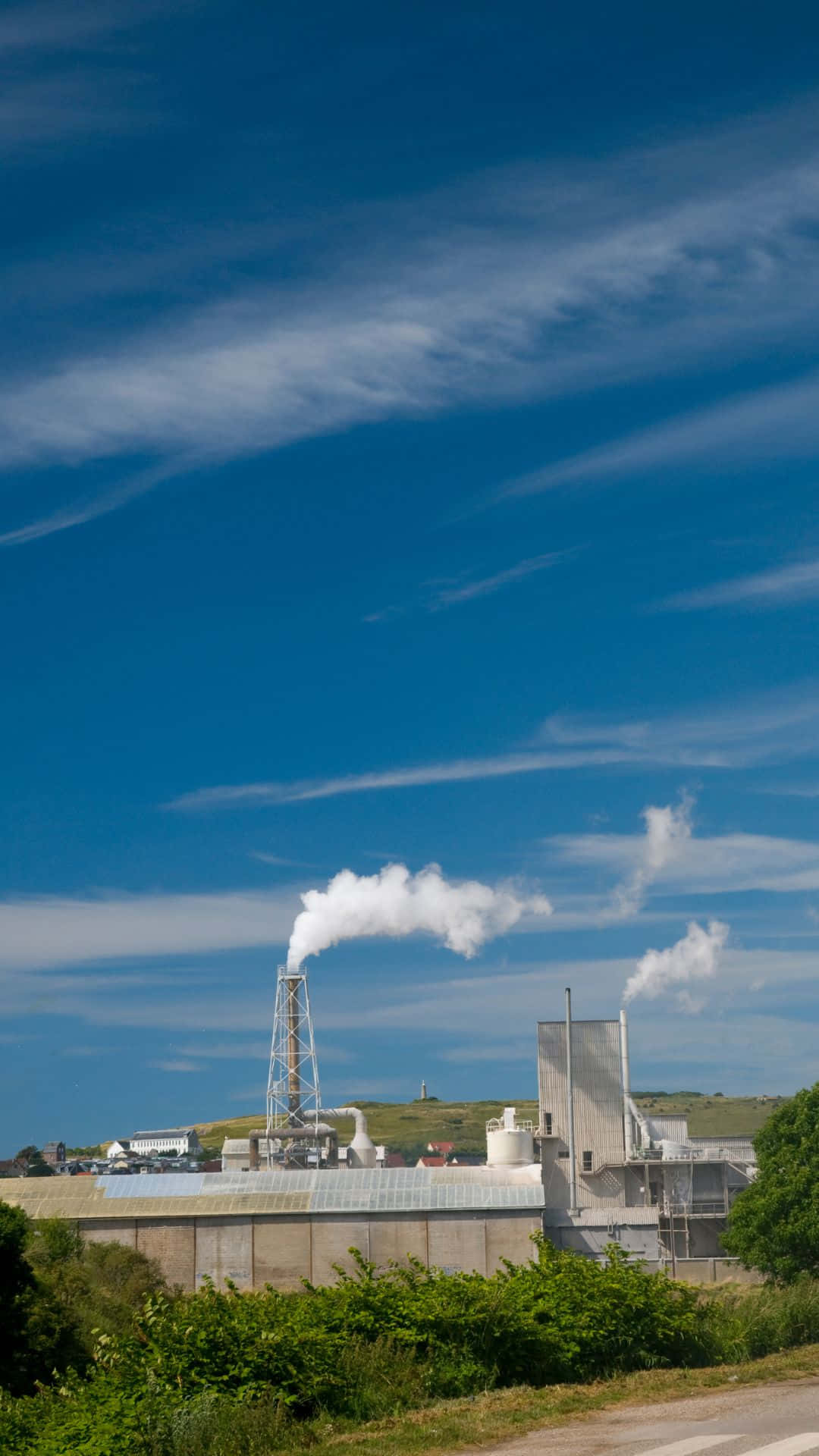 industrial facility, white smoke, vivid blue sky, Full HD Phone Wallpaper