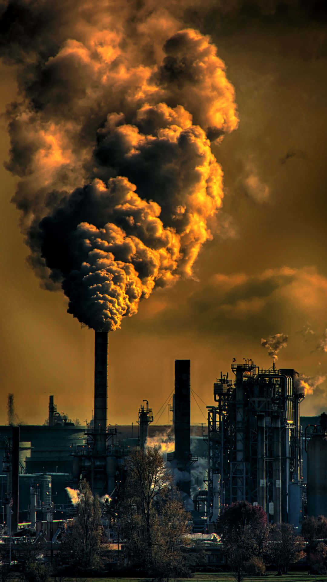 industrial smokestack, orange and black smoke, fiery sunset sky, Full HD Phone Wallpaper