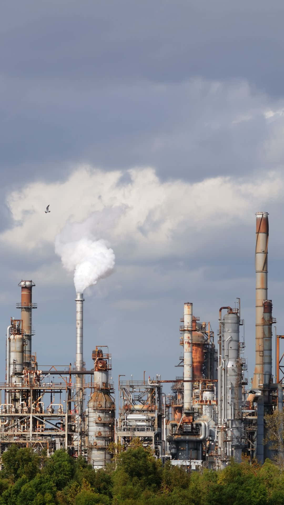 industrial refinery complex, smokestacks, white plumes, Full HD Phone Wallpaper