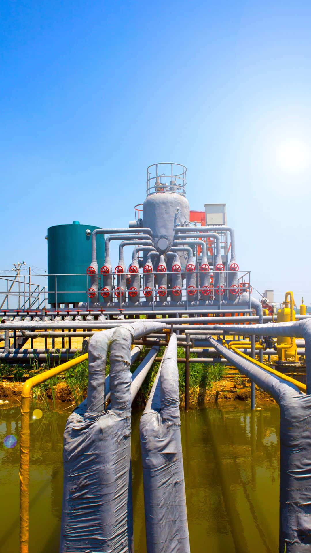 industrial plant, silver pipes, red valves, Full HD Phone Wallpaper