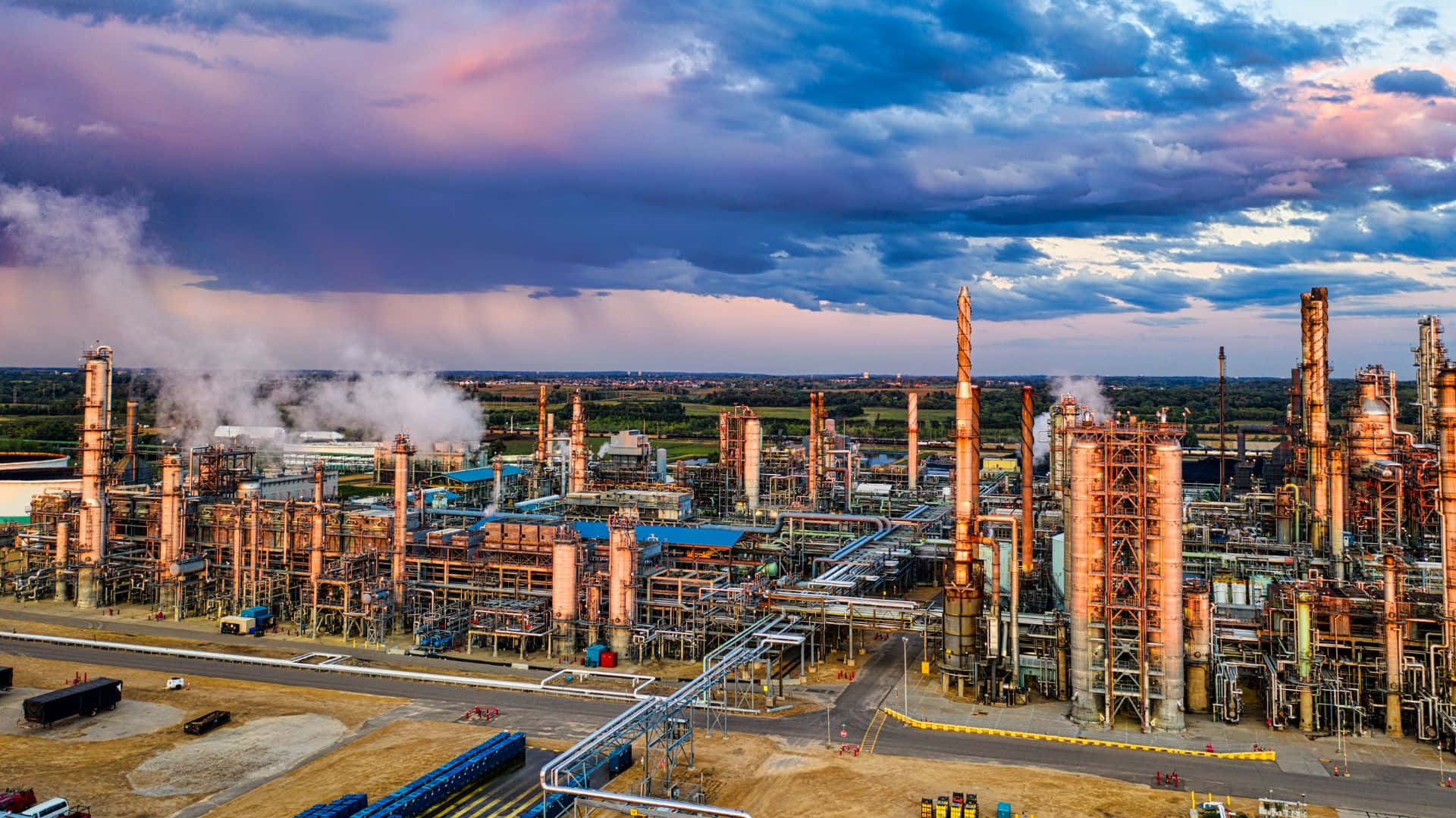 industrial refinery, towering towers, pipes emitting steam, Full HD Desktop Wallpaper