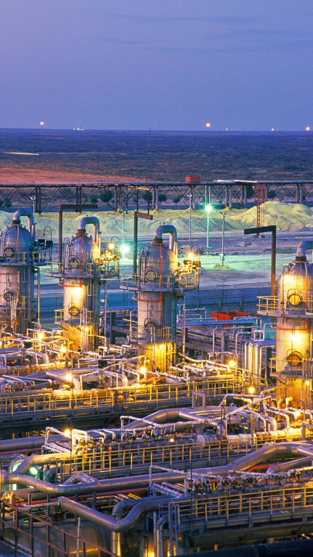 industrial refinery, twilight sky, calm ocean, Full HD Phone Wallpaper