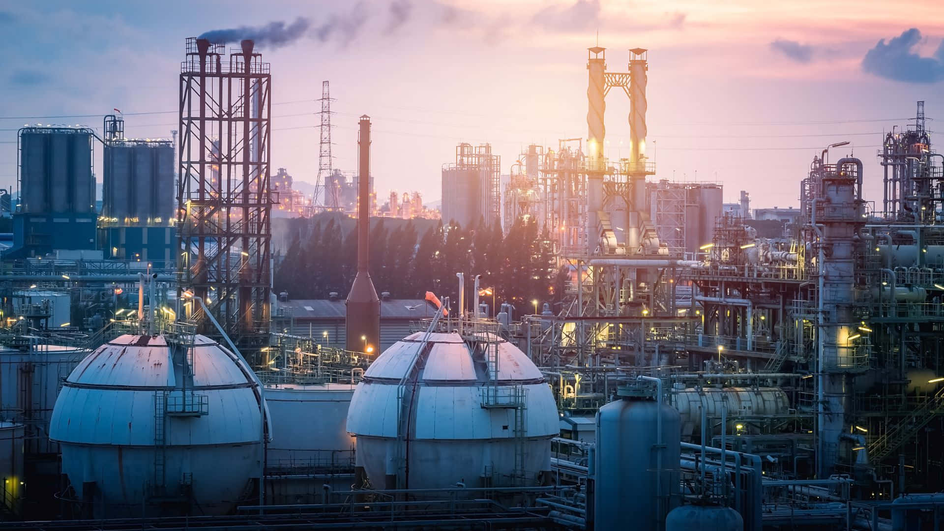 industrial refinery, sunset, glowing towers, Full HD Desktop Wallpaper