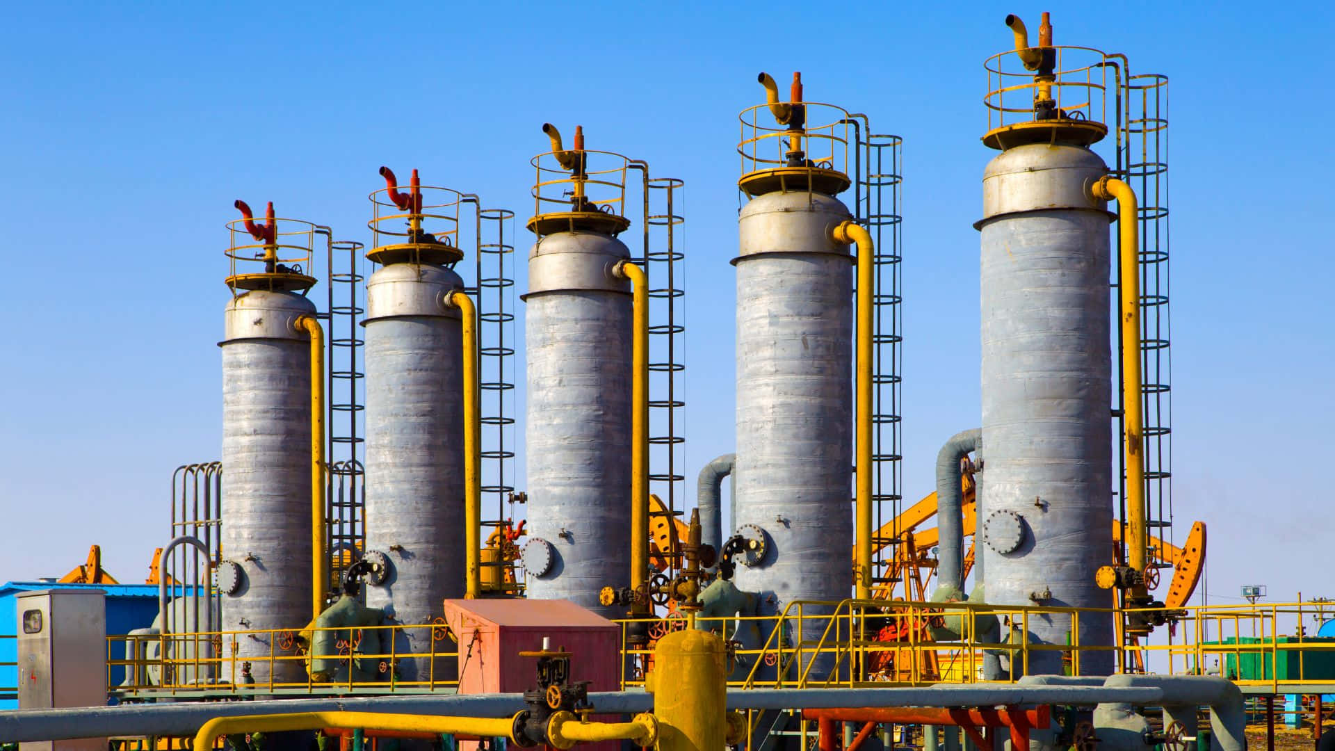 industrial vertical tanks, yellow piping, clear blue sky, Full HD Desktop Wallpaper