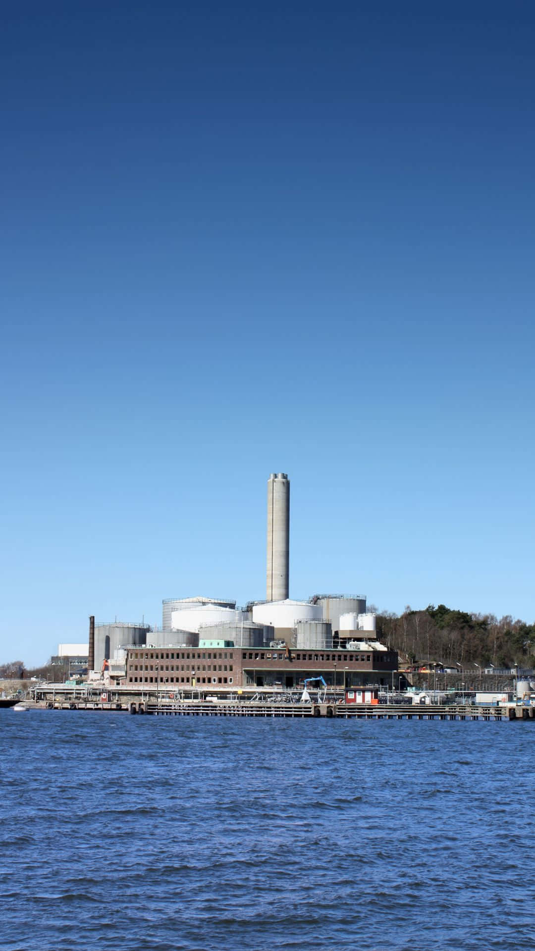 industrial power plant, tall chimney, waterfront, Full HD Phone Wallpaper
