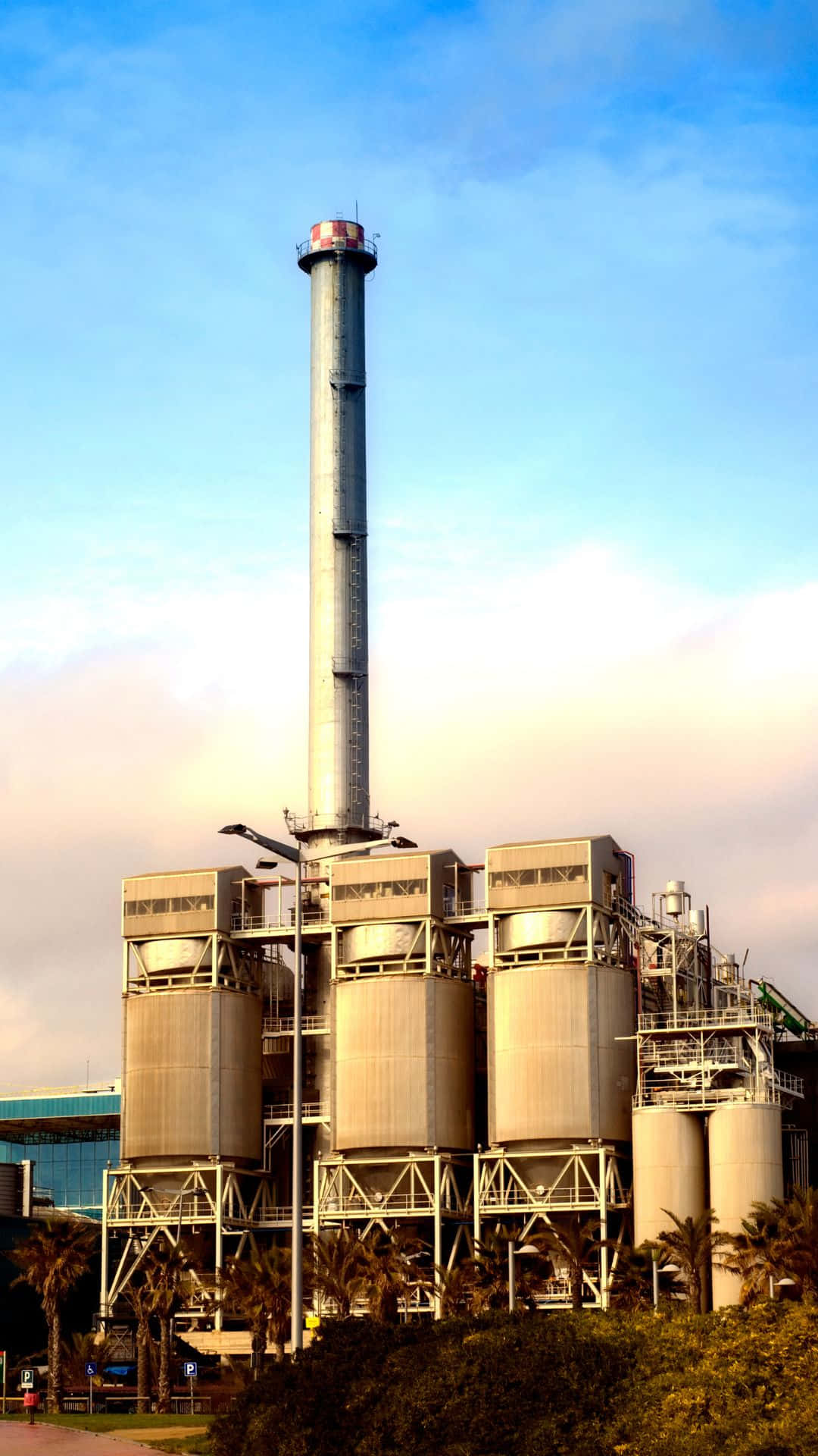 industrial silo, smokestack, dusk, Full HD Phone Wallpaper