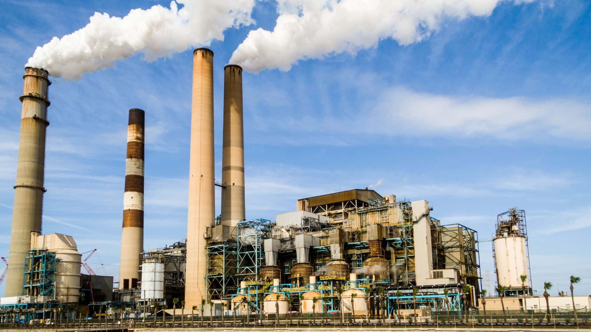 industrial power plant, tall smokestacks, white plumes, Full HD Desktop Wallpaper