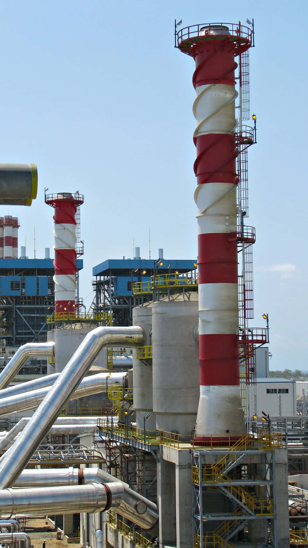 industrial complex, red and white striped smokestacks, clear blue sky, Full HD Phone Wallpaper