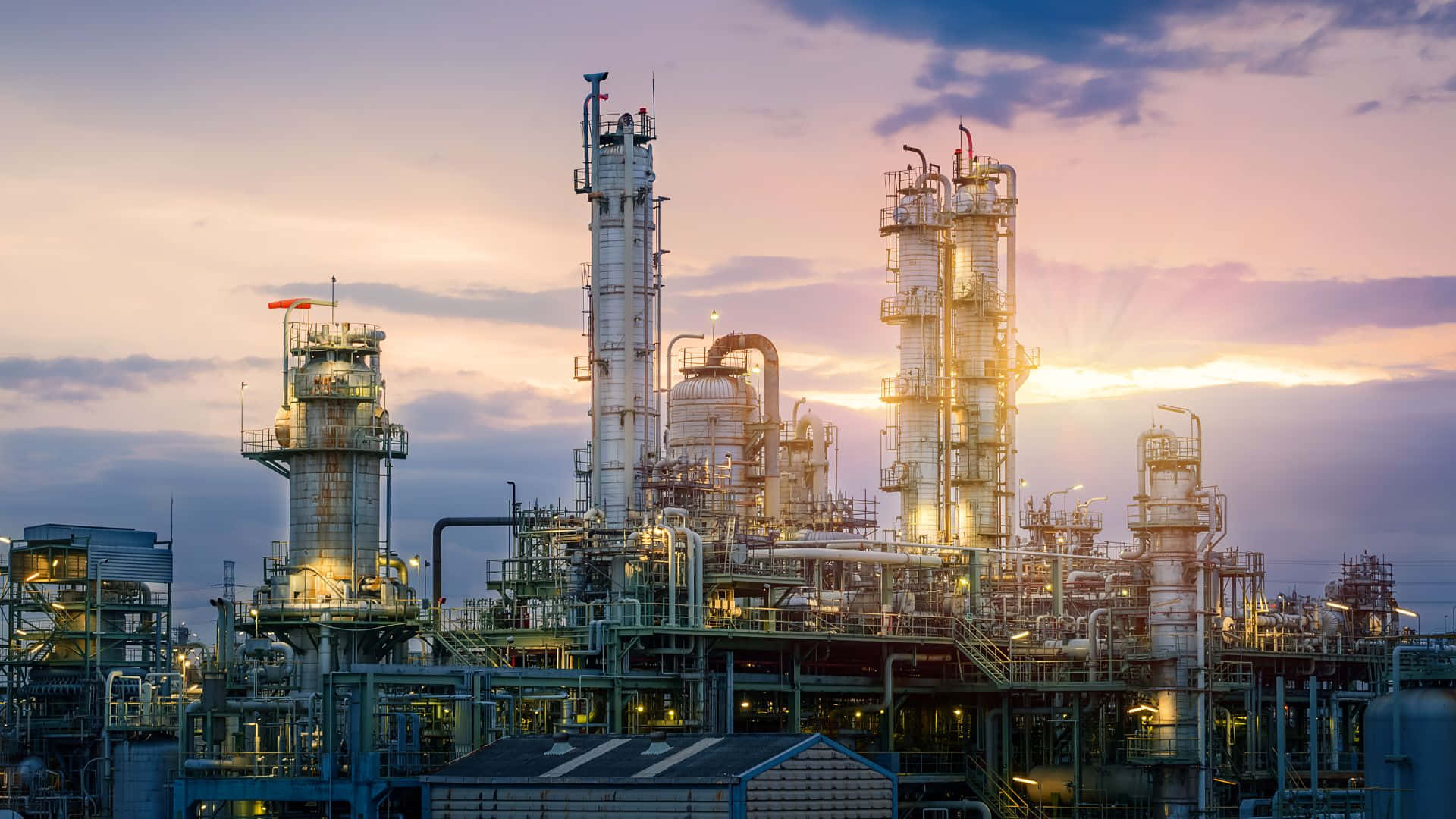 industrial refinery complex, golden sunset light, pastel sky, Full HD Desktop Wallpaper