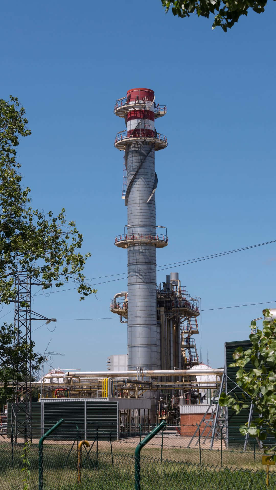 industrial complex, chimney tower, red and white bands, Full HD Phone Wallpaper