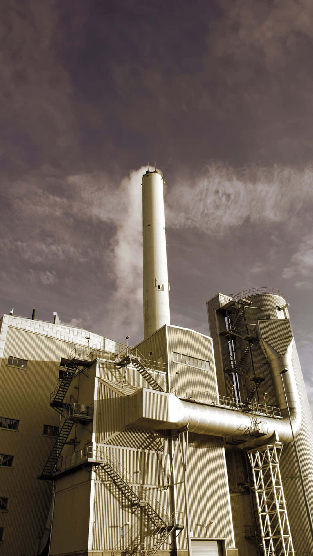 industrial smokestack, white vapor, dramatic cloudy sky, Full HD Phone Wallpaper
