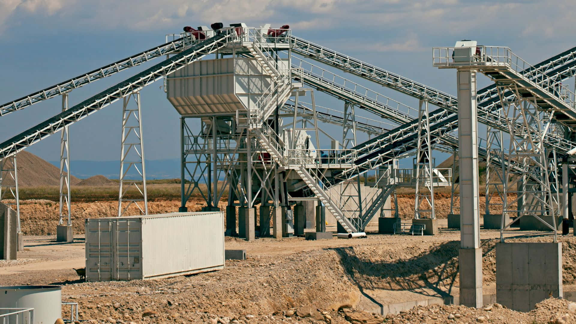 industrial mining conveyor belts, dusty quarry, bright blue sky, Full HD Desktop Wallpaper