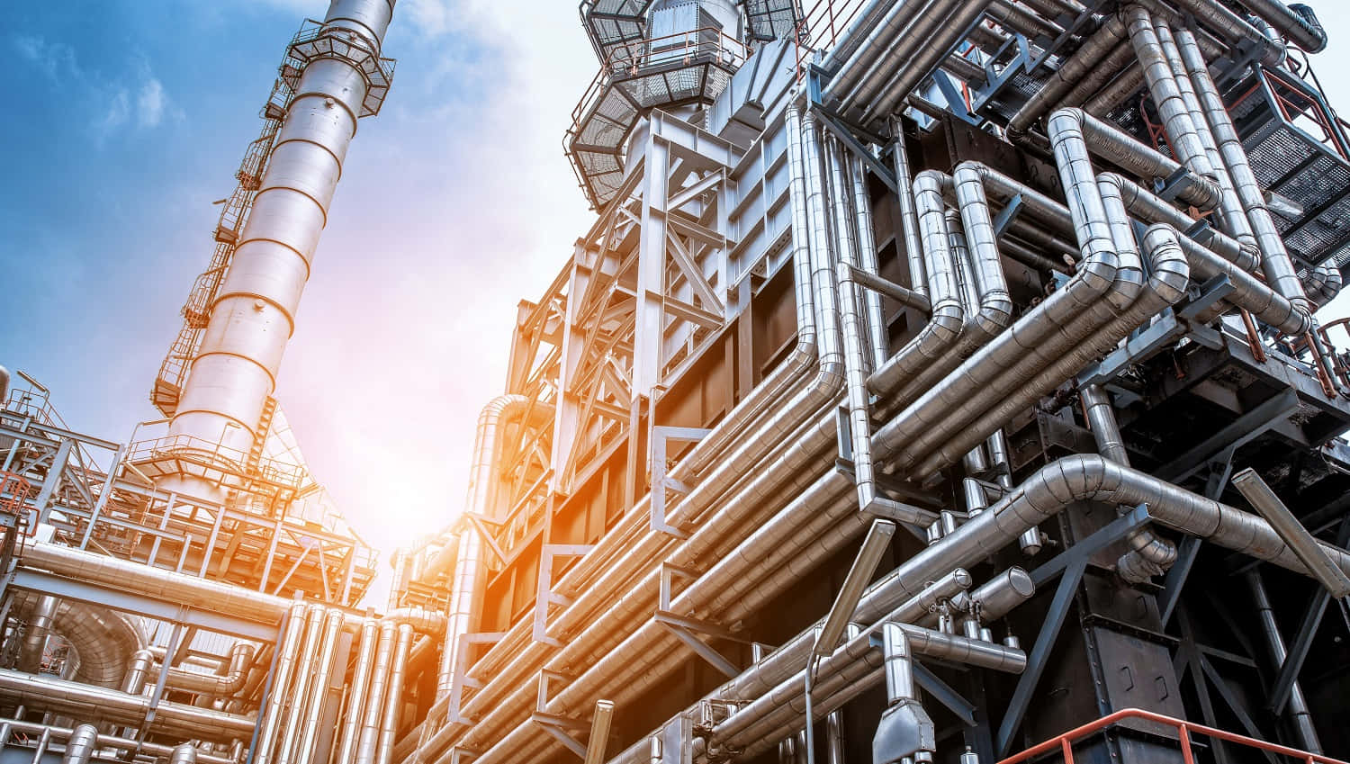 industrial complex, sunrise, silver pipes, HD Desktop Wallpaper