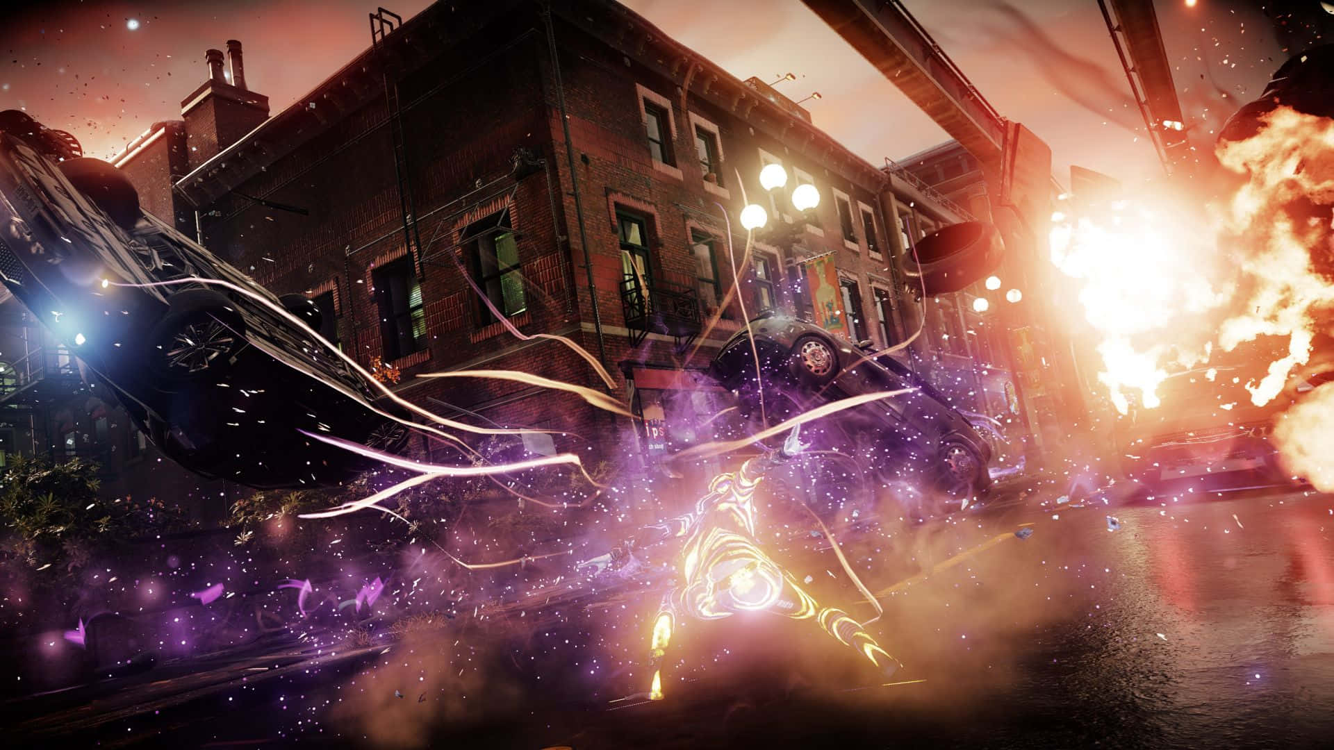 Infamous, futuristic car, burning city street, Full HD Desktop Wallpaper