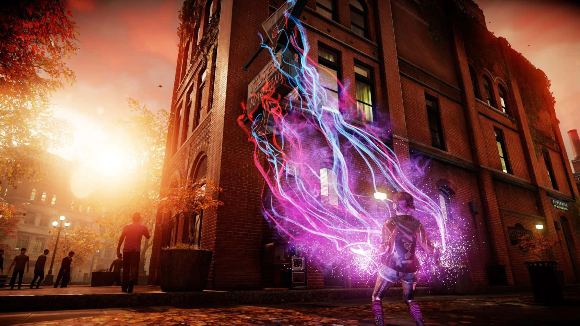 Infamous, glowing purple and blue energy wings, city street, Full HD Desktop Wallpaper
