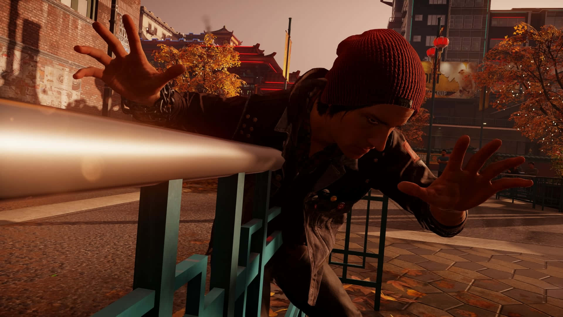 Infamous Guy, red beanie, teal railing, Full HD Desktop Wallpaper