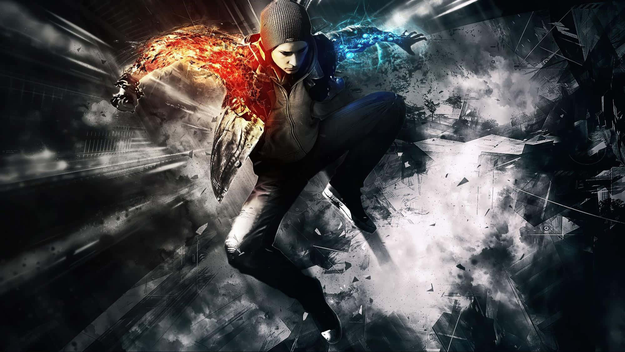 hooded figure, fiery and icy energy, shattered urban environment, Full HD Desktop Wallpaper