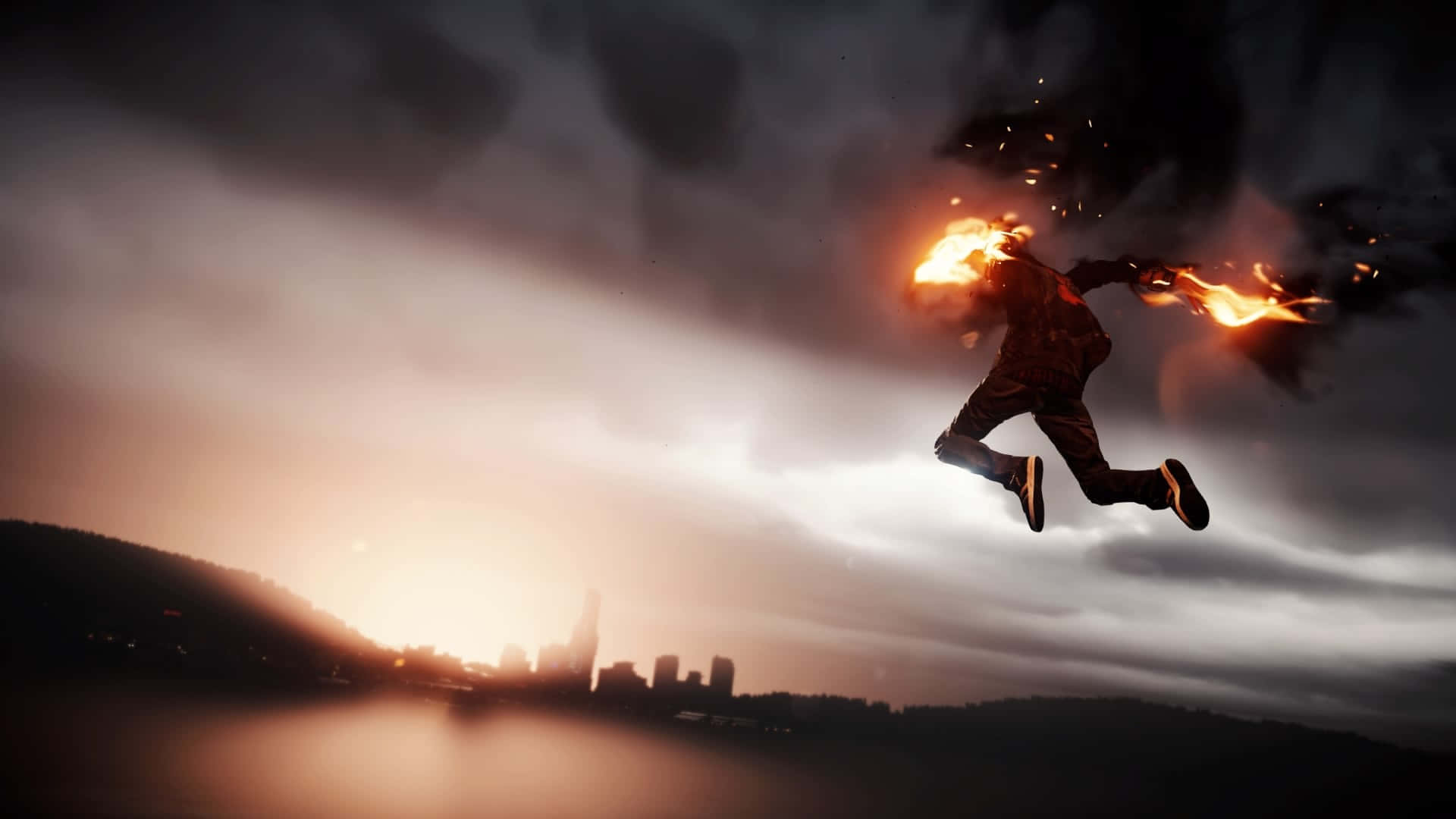 Infamous, flaming figure, stormy skies, Full HD Desktop Wallpaper