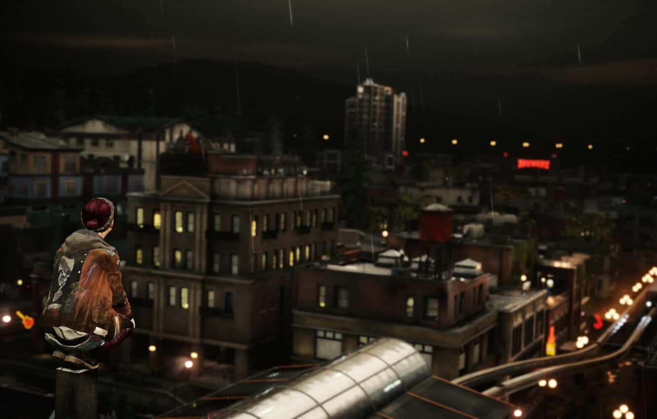 Infamous, rooftop, rain-slicked cityscape, HD Desktop Wallpaper