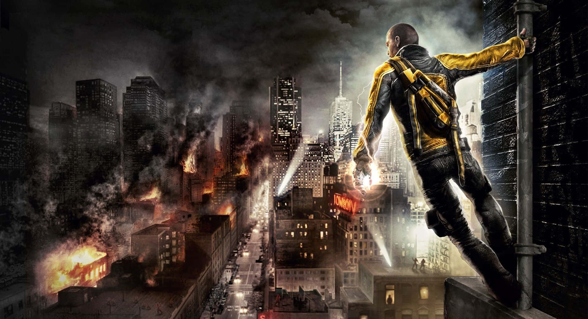 Infamous Guy, skyscraper ledge, burning cityscape, Full HD Desktop Wallpaper