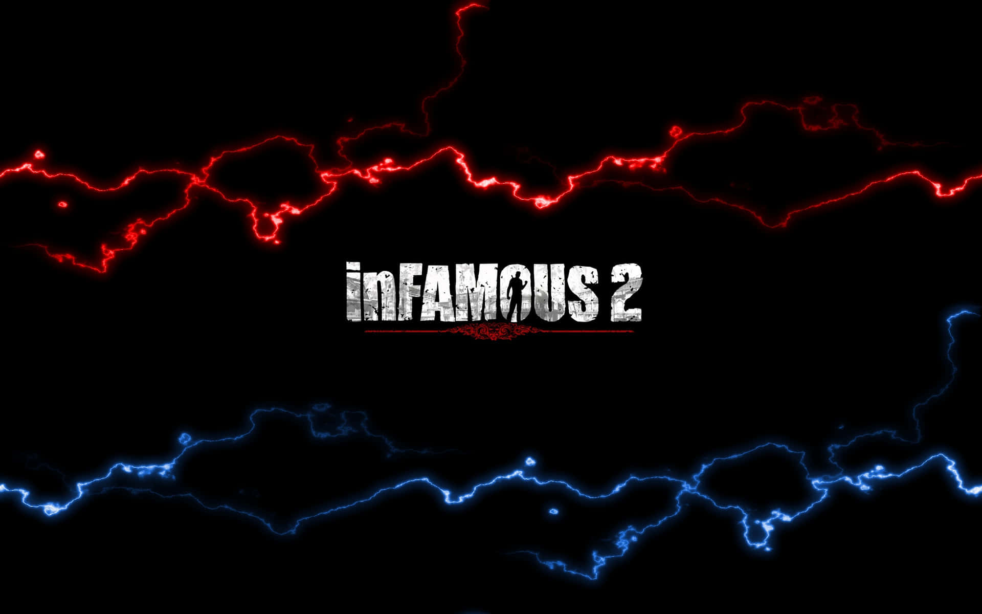 Infamous 2, gritty white text, jagged red and blue lightning bolts, Full HD Desktop Wallpaper