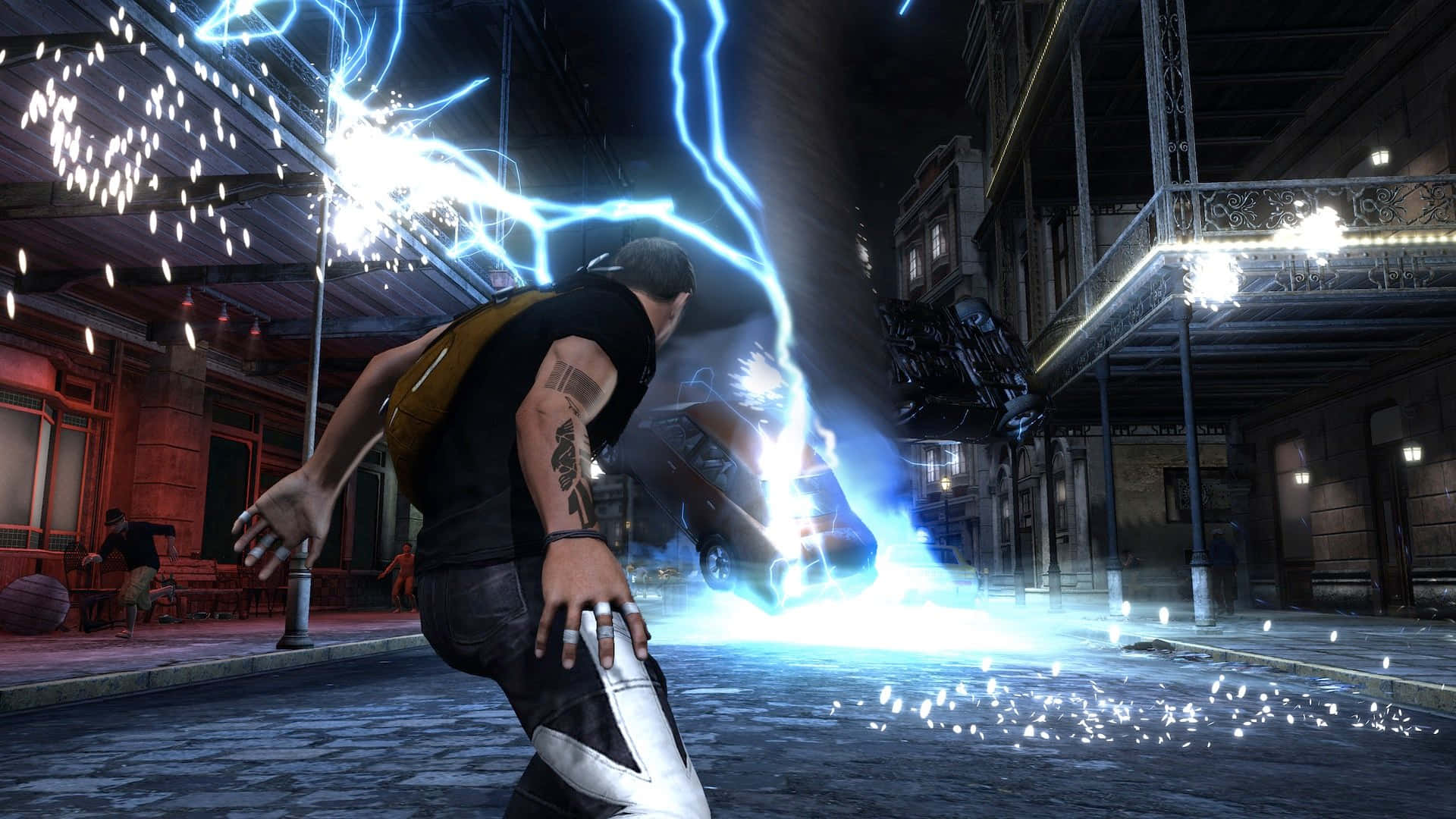 Infamous, dark urban alley, electric energy, Full HD Desktop Wallpaper