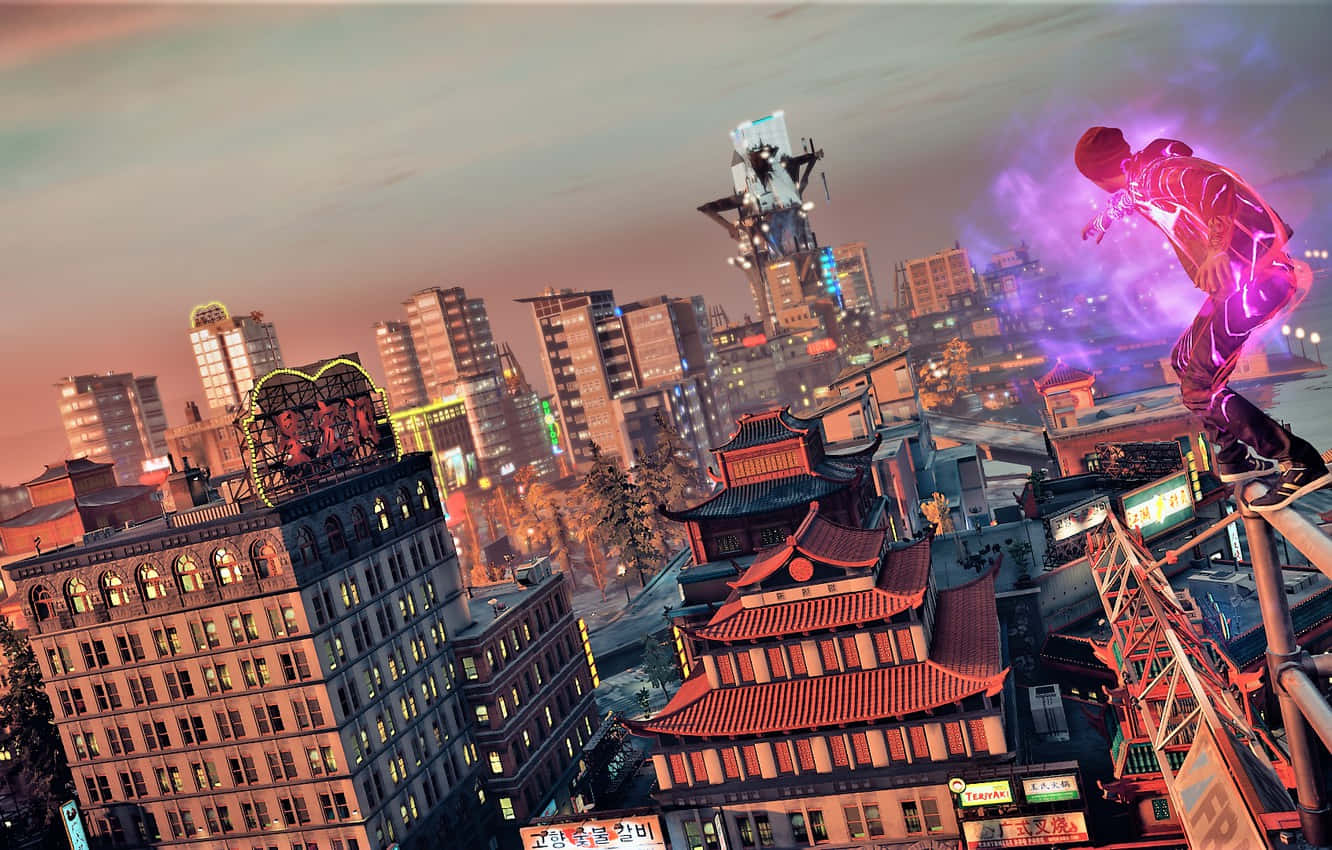 Infamous, glowing superhero, neon-lit cityscape, HD Desktop Wallpaper