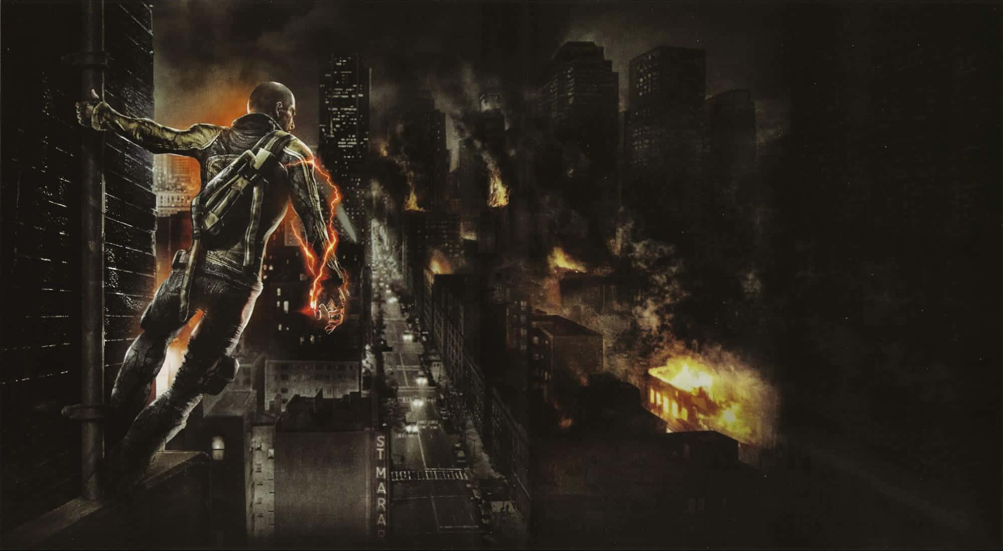 Infamous, hero stance, burning cityscape, Full HD Desktop Wallpaper