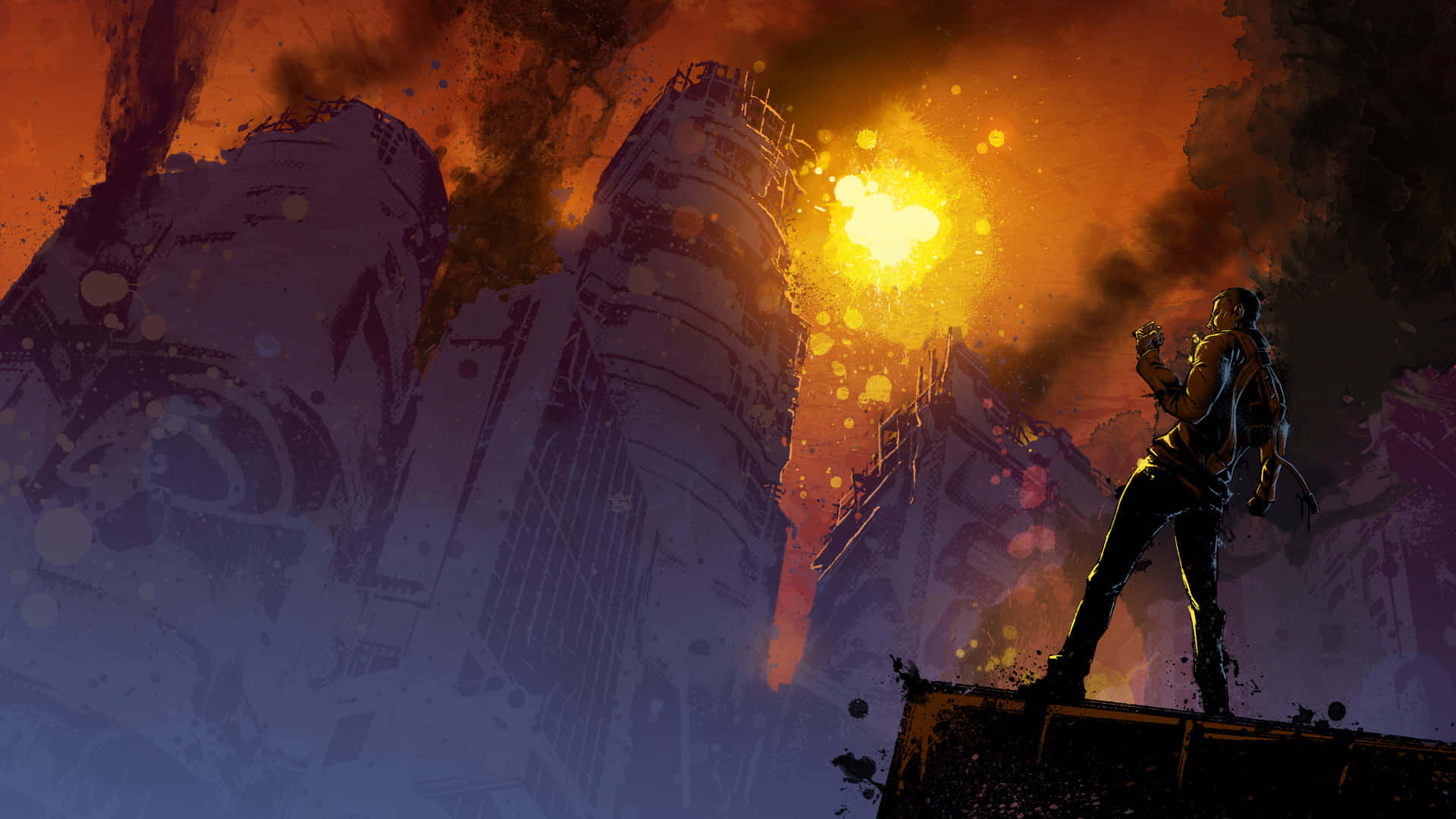 Infamous, burning city, fiery orange sky, Full HD Desktop Wallpaper