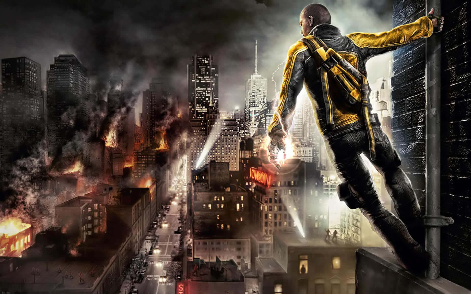 Infamous, yellow and black gear, skyscraper ledge, Full HD Desktop Wallpaper