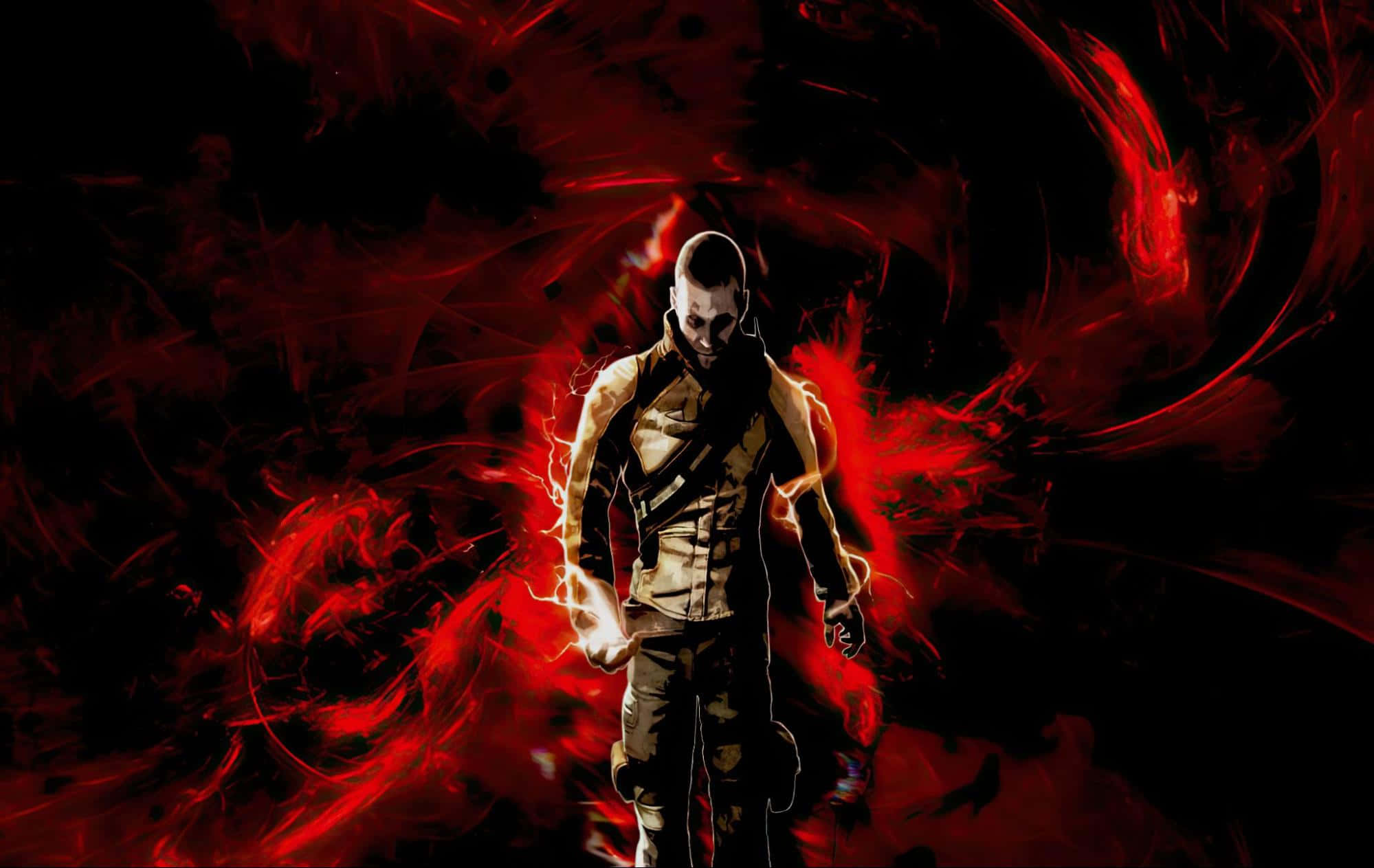 Infamous Guy, tactical gear, swirling red energy, Full HD Desktop Wallpaper