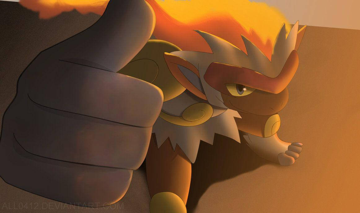 Infernape, giant stone hand, glowing sunset sky, SD Desktop Wallpaper