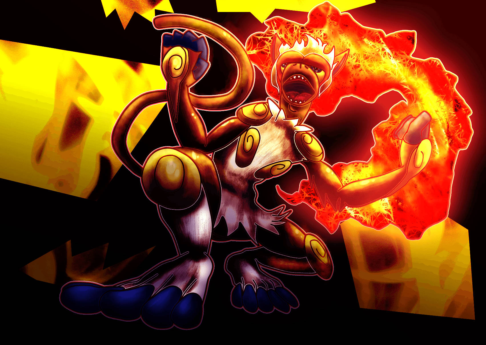 Infernape, glowing orange fur, blue feet, HD Desktop Wallpaper