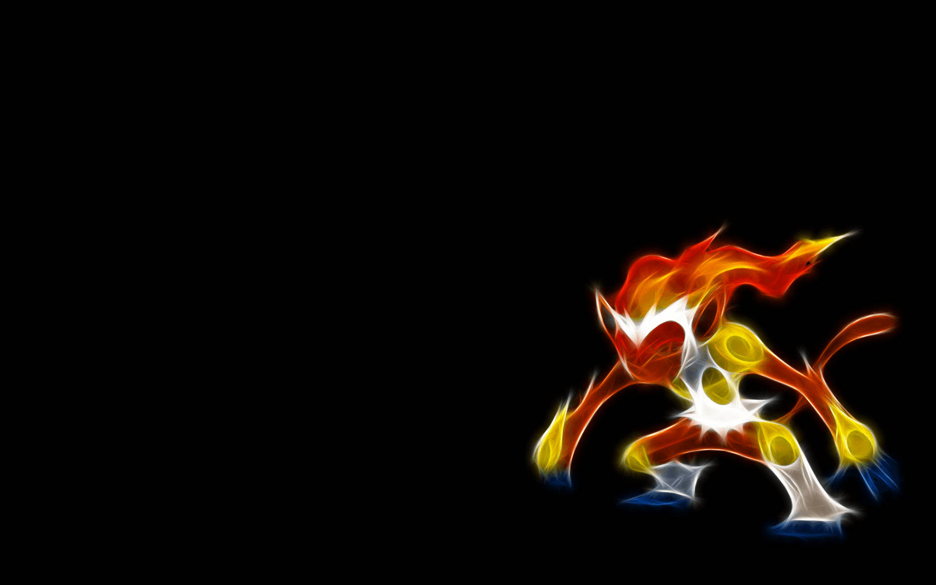 Neon Art Infernape, glowing orange yellow and blue flames, black background, Full HD Desktop Wallpaper