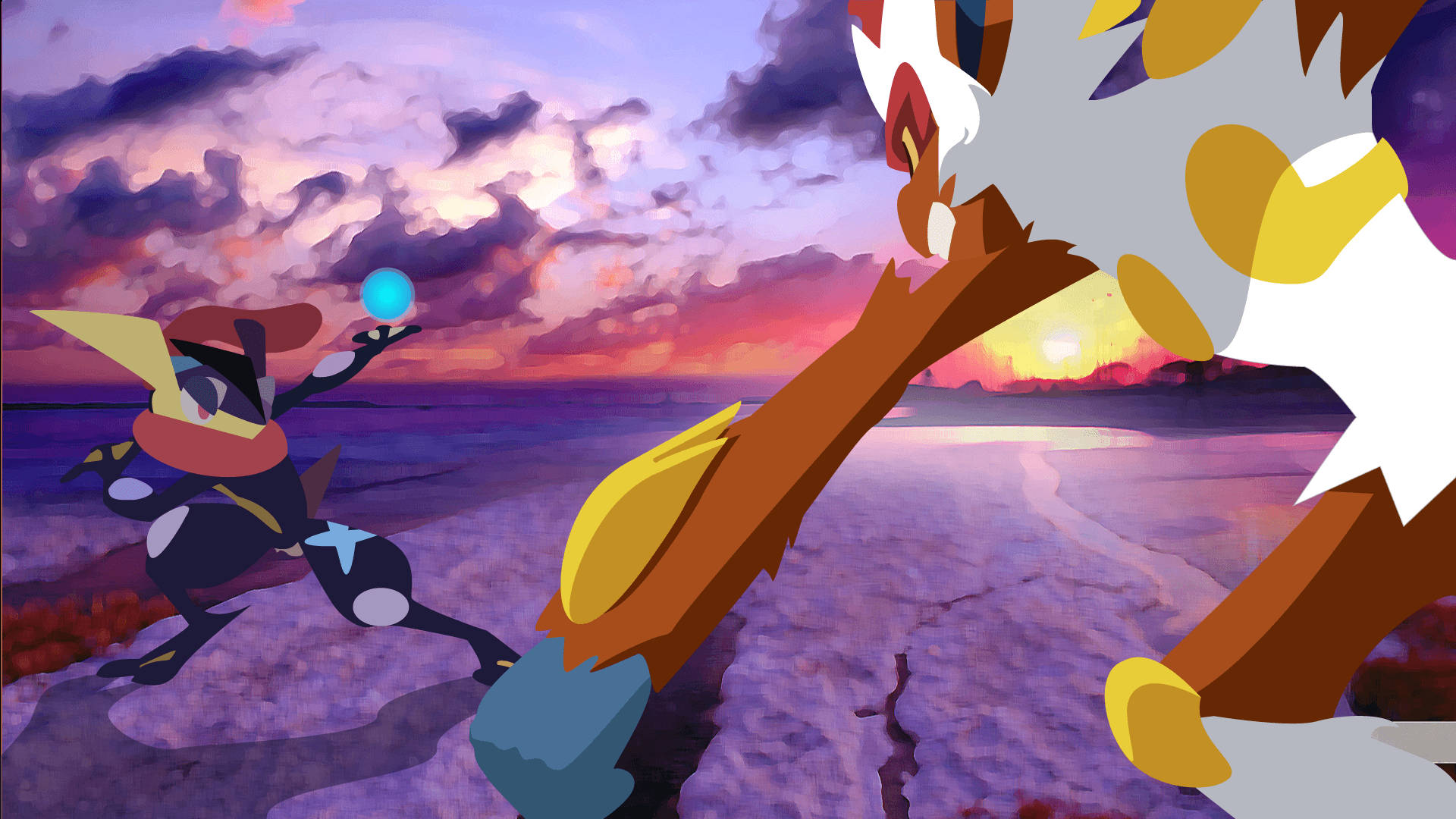 Infernape, cracked purple shore, vibrant sunset sky, Full HD Desktop Wallpaper