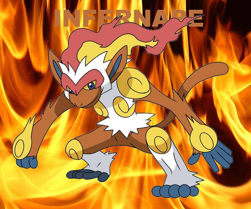 Infernape, blazing orange and yellow flame background, bold text, SD Desktop Wallpaper