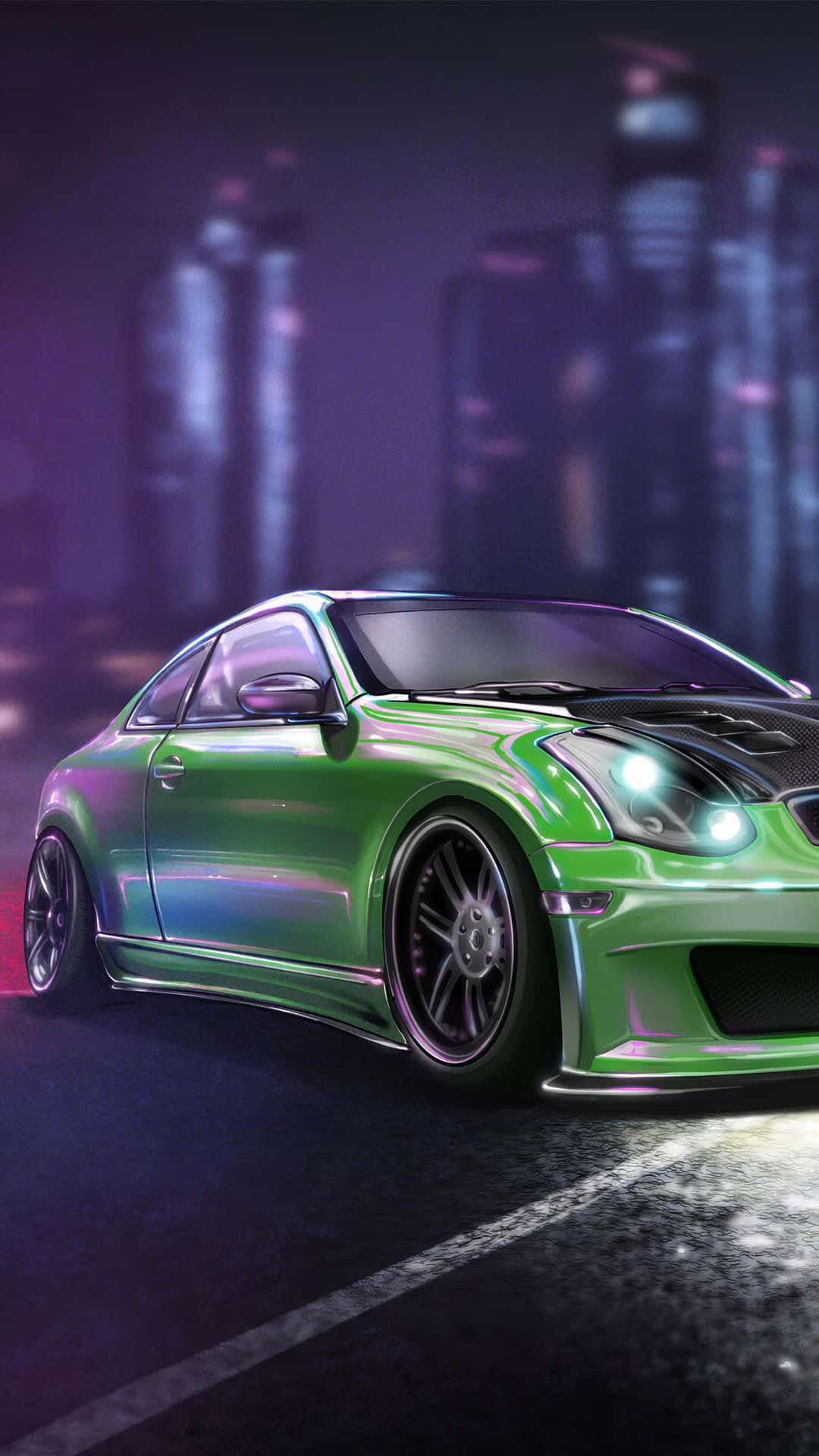 Infiniti G35, neon lights, wet city street, Full HD Phone Wallpaper