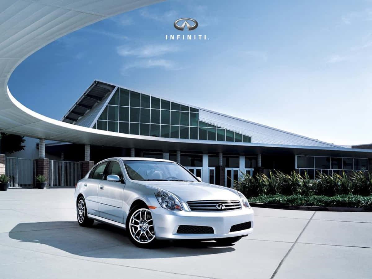 Infiniti G35, silver, modern glass and steel building, SD Desktop Wallpaper