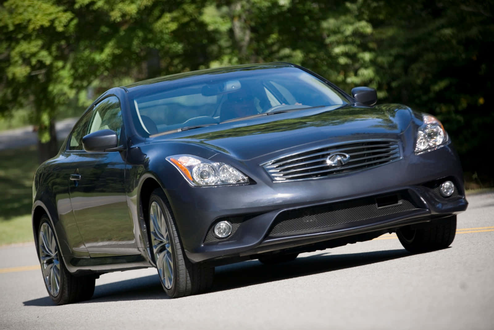 Infiniti G37, dark gray, sunlit tree-lined road, HD Desktop Wallpaper