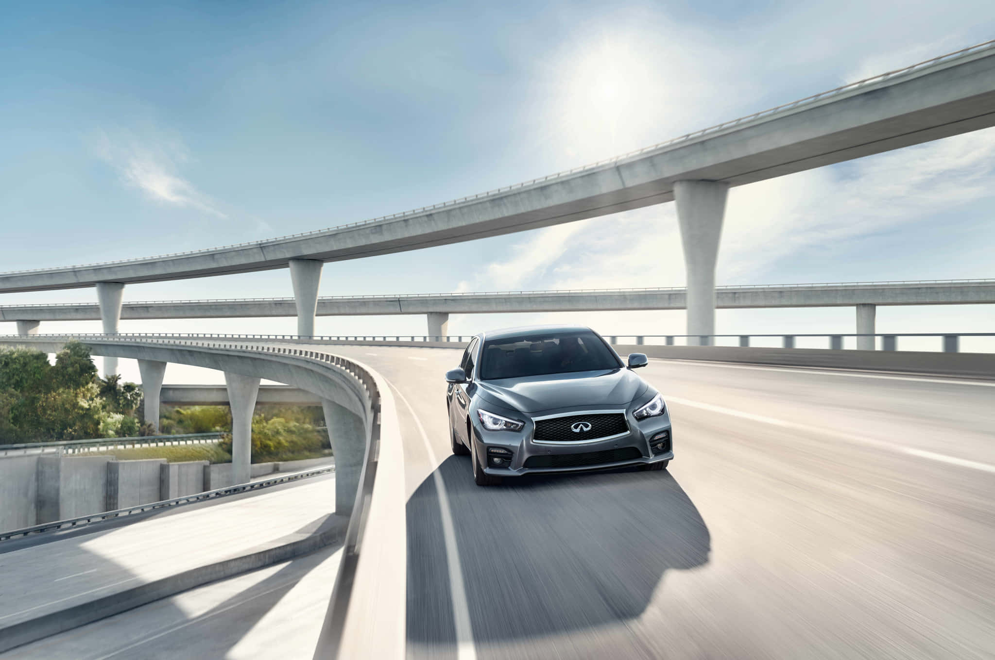 Infiniti Q50, silver, elevated highway, Full HD Desktop Wallpaper